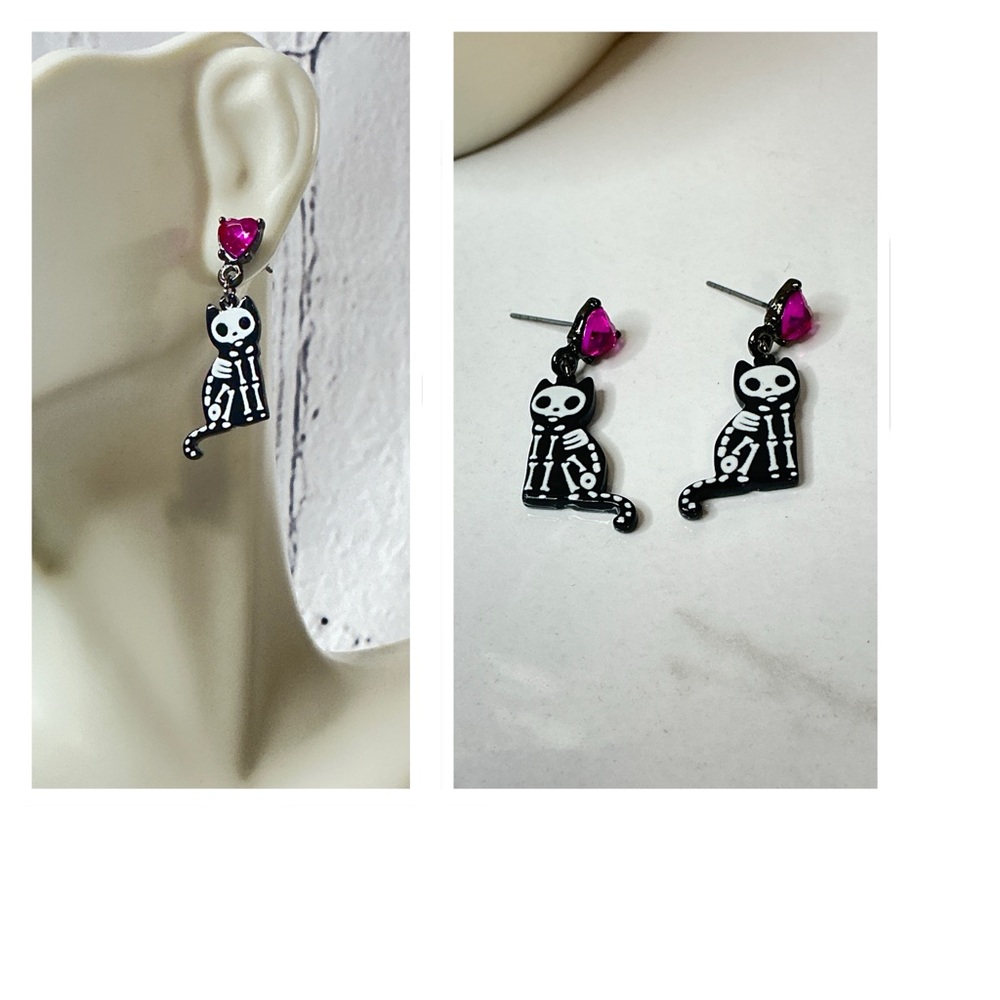 Skeleton Cat Earrings with Pink Heart